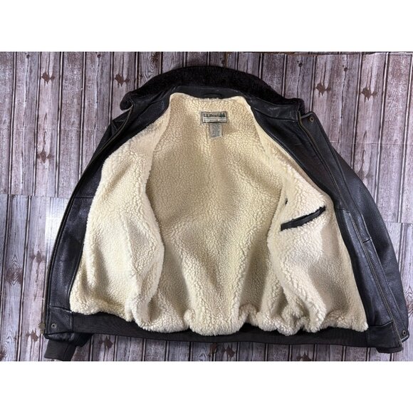 LL Bean Goat Skin Leather woolpile Sherpa lined Bomber Jacket Size M vintage - Picture 2 of 8